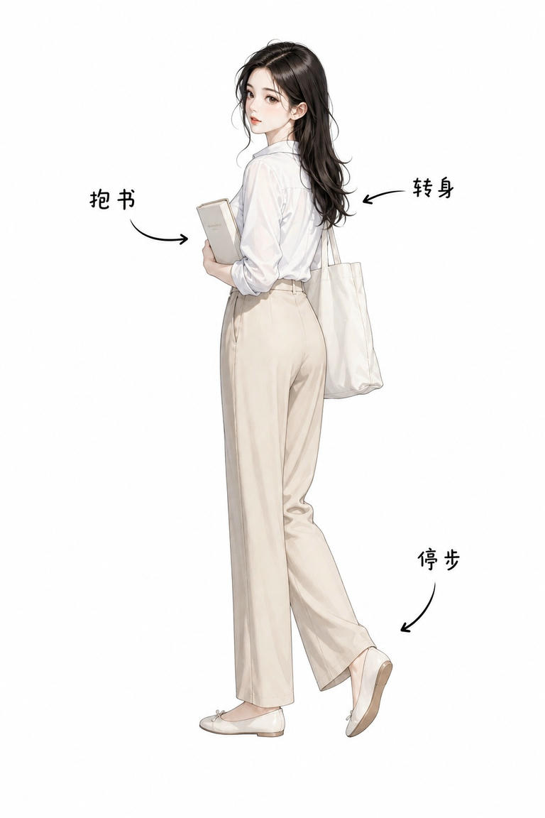 转身停步抱书姿态