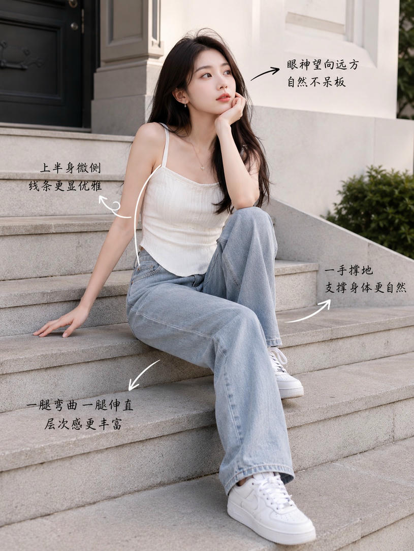 阶梯侧坐托腮