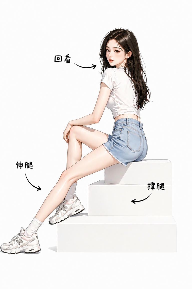 阶梯回眸伸腿