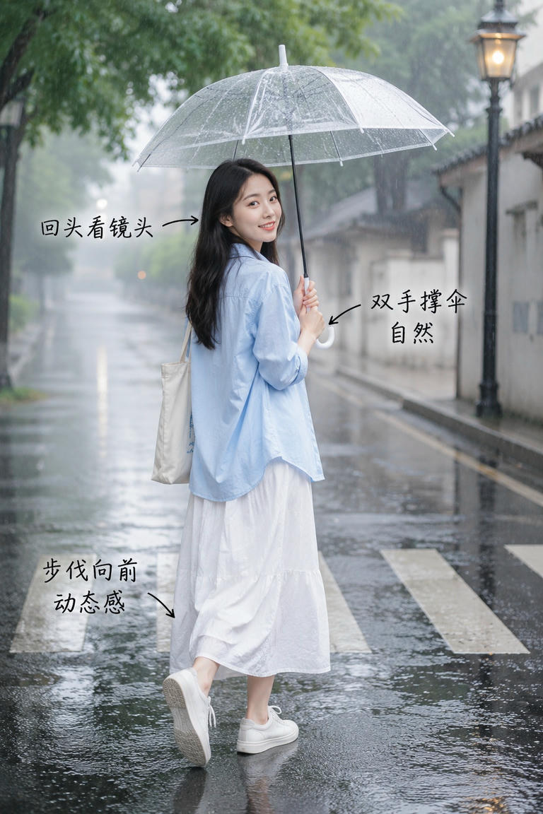 雨中回眸撑伞