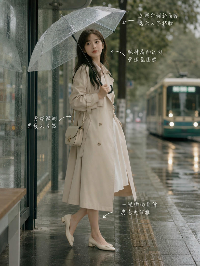 雨中撑伞漫步姿态
