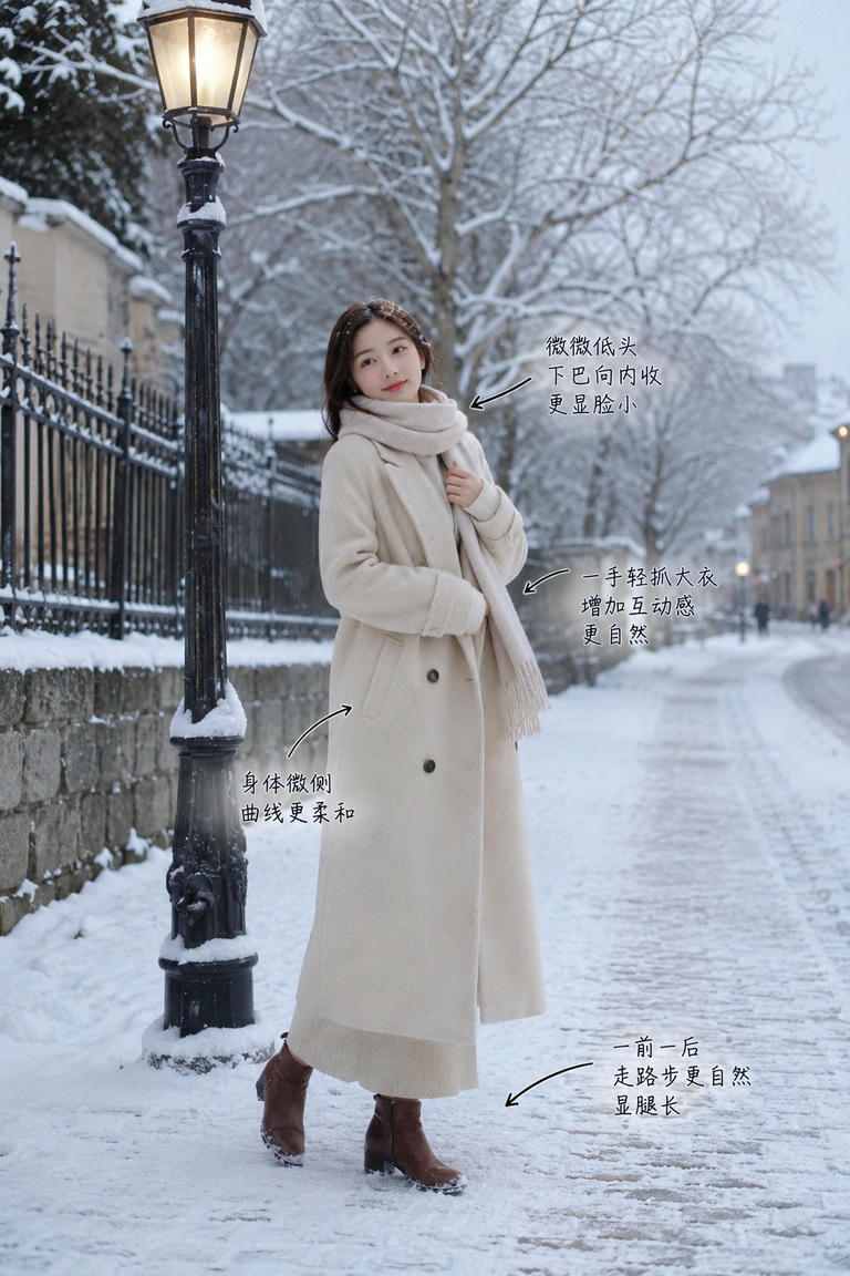 雪地路灯旁行走姿态